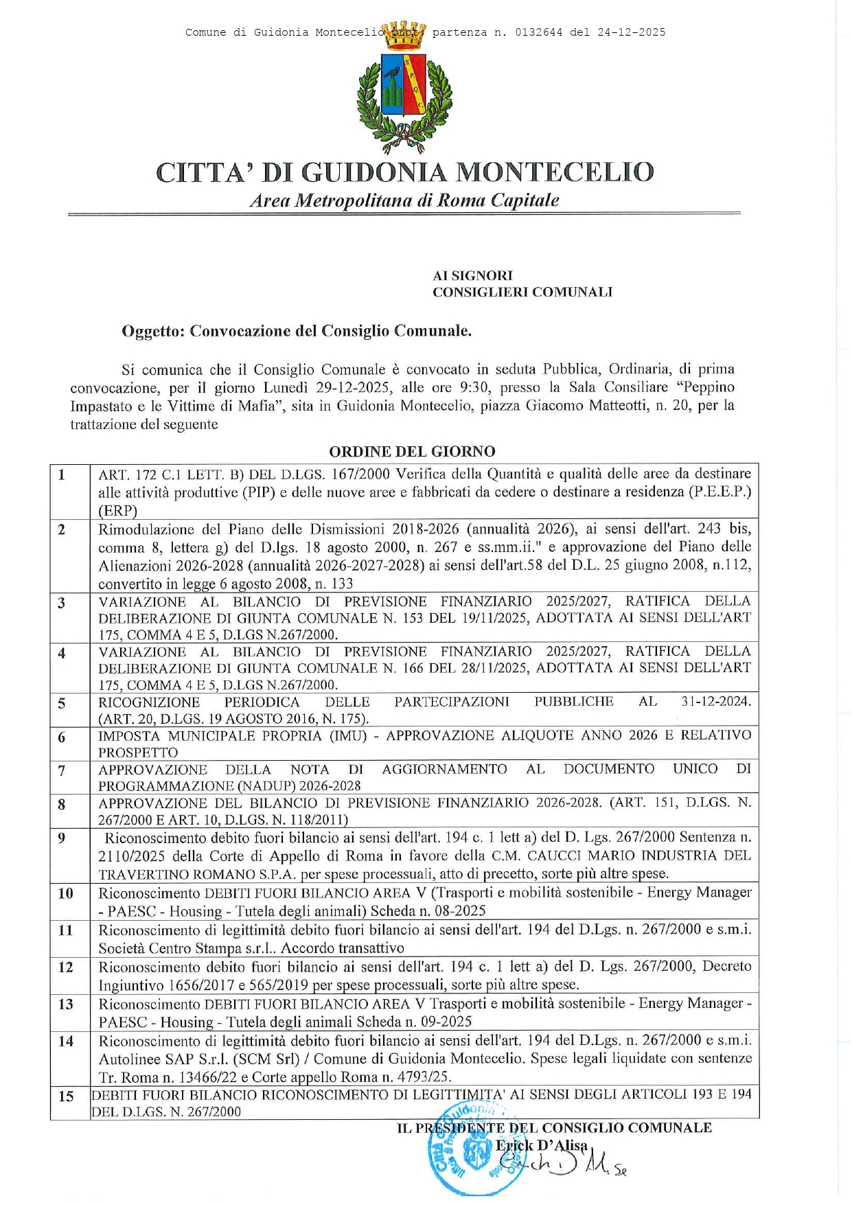 Ordine del giorno Consiglio Comunale 29.12.2025