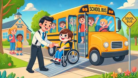 Immagine di un alunno con disabilità accompagnato con scuolabus