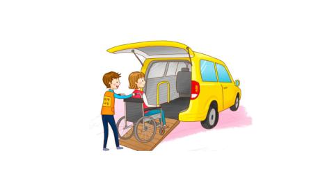 Disegno di un’auto che trasporta una ragazza disabile accompagnata da un ragazzo