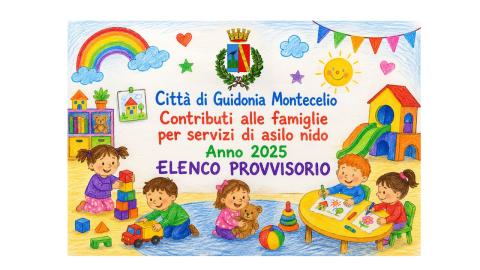 Bambini sorridenti che giocano all’aperto. Testo nell’immagine: “Comune di Guidonia Montecelio – Contributi alle famiglie per servizi di asilo nido anno 2025 – elenco provvisorio”.