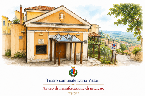 Immagine del Teatro comunale Dario Vittori. Al centro il logo del Comune e la scritta: ‘Città di Guidonia Montecelio – Avviso di manifestazione di interesse.