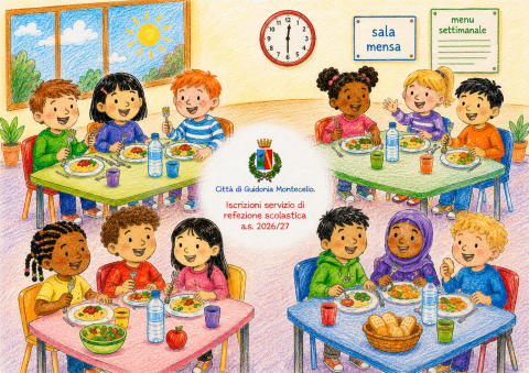 Bambini seduti ai tavoli della mensa scolastica durante il pranzo; al centro dell'immagine il logo del Comune e la scritta Città di Guidonia Montecelio - iscrizioni al servizio di refezione scolastica 2026-2027