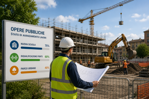 Stato di avanzamento delle opere pubbliche rappresentato da un cantiere con tecnici, operai e mezzi al lavoro.