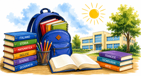 Libri scolastici appoggiati accanto a uno zaino con edificio scolastico sullo sfondo e giornata soleggiata.