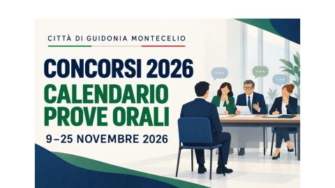Disegno di una persona che sostiene un esame davanti ad una commissione esaminatrice con la dicitura “Concorsi 2026 Calendario prove orali 9-25 novembre 2026”