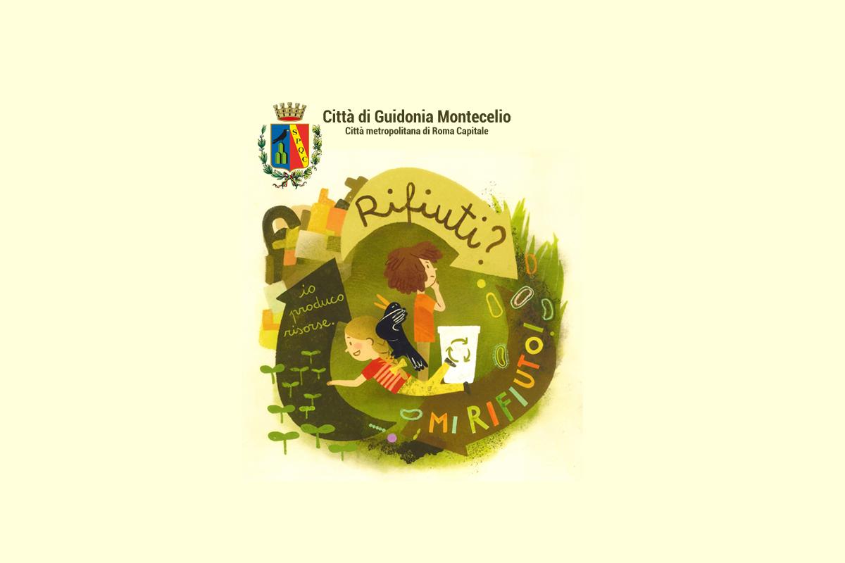 Illustrazione con due bambini vicino a un bidone del riciclo, circondati da scritte colorate che promuovono il riuso e il rifiuto degli sprechi.