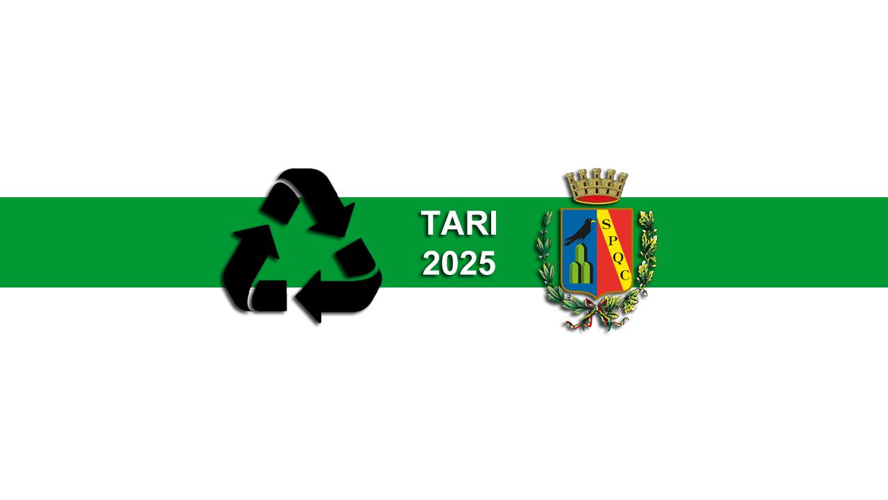Immagine con il logo del riciclo, la scritta 'TARI 2025' e lo stemma del Comune d Guidonia Montecelio