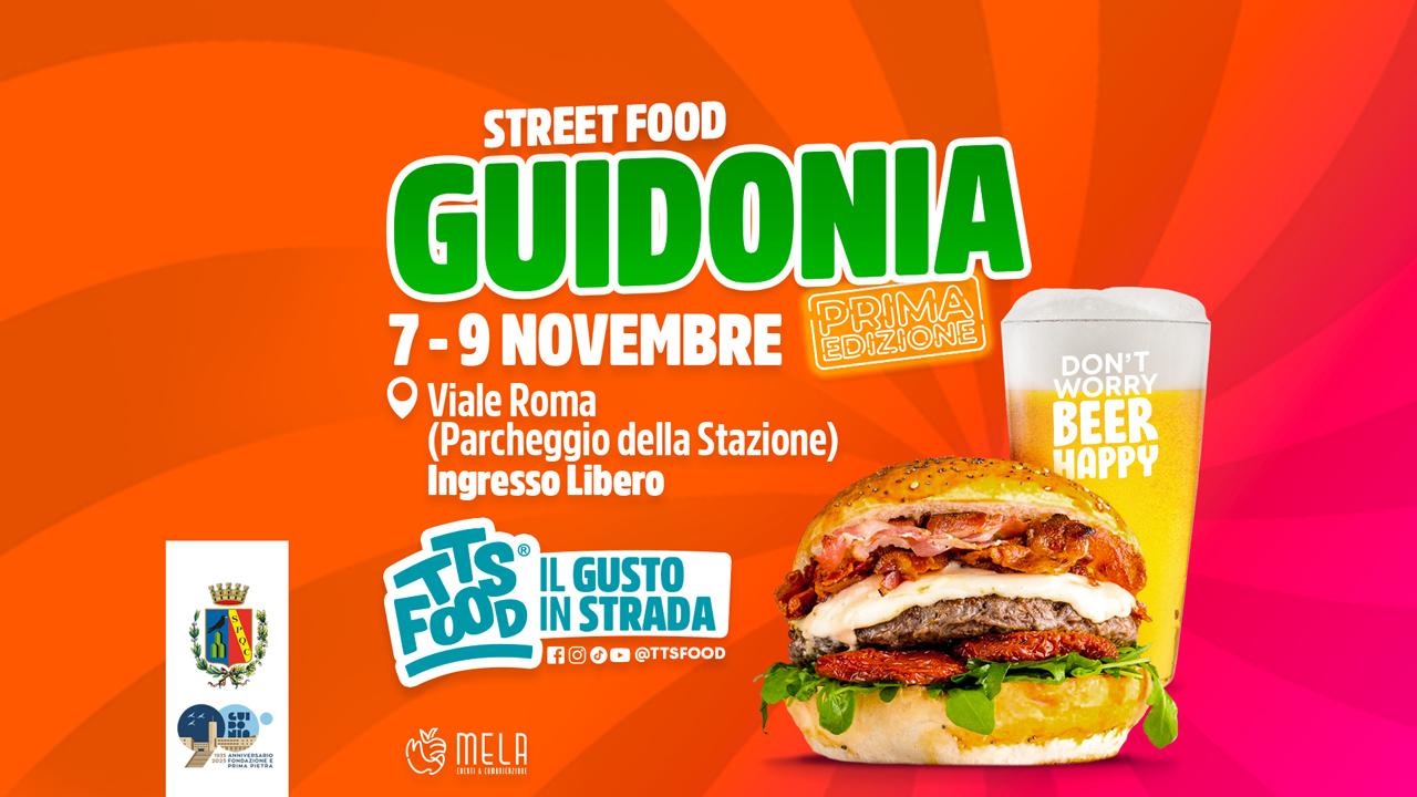 Locandina della prima edizione di “Guidonia – TTS Street Food”, dal 7 al 9 ottobre al parcheggio vicino alla stazione. Ingresso libero.