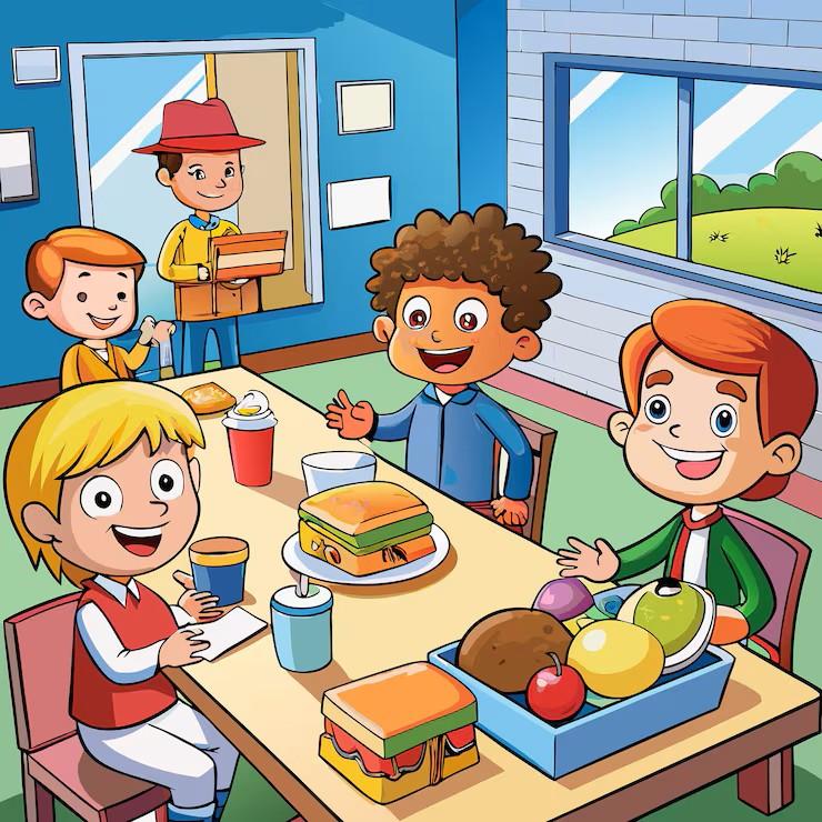 L’immagine mostra bambini seduti intorno a un tavolo sorridenti che stanno mangiando.