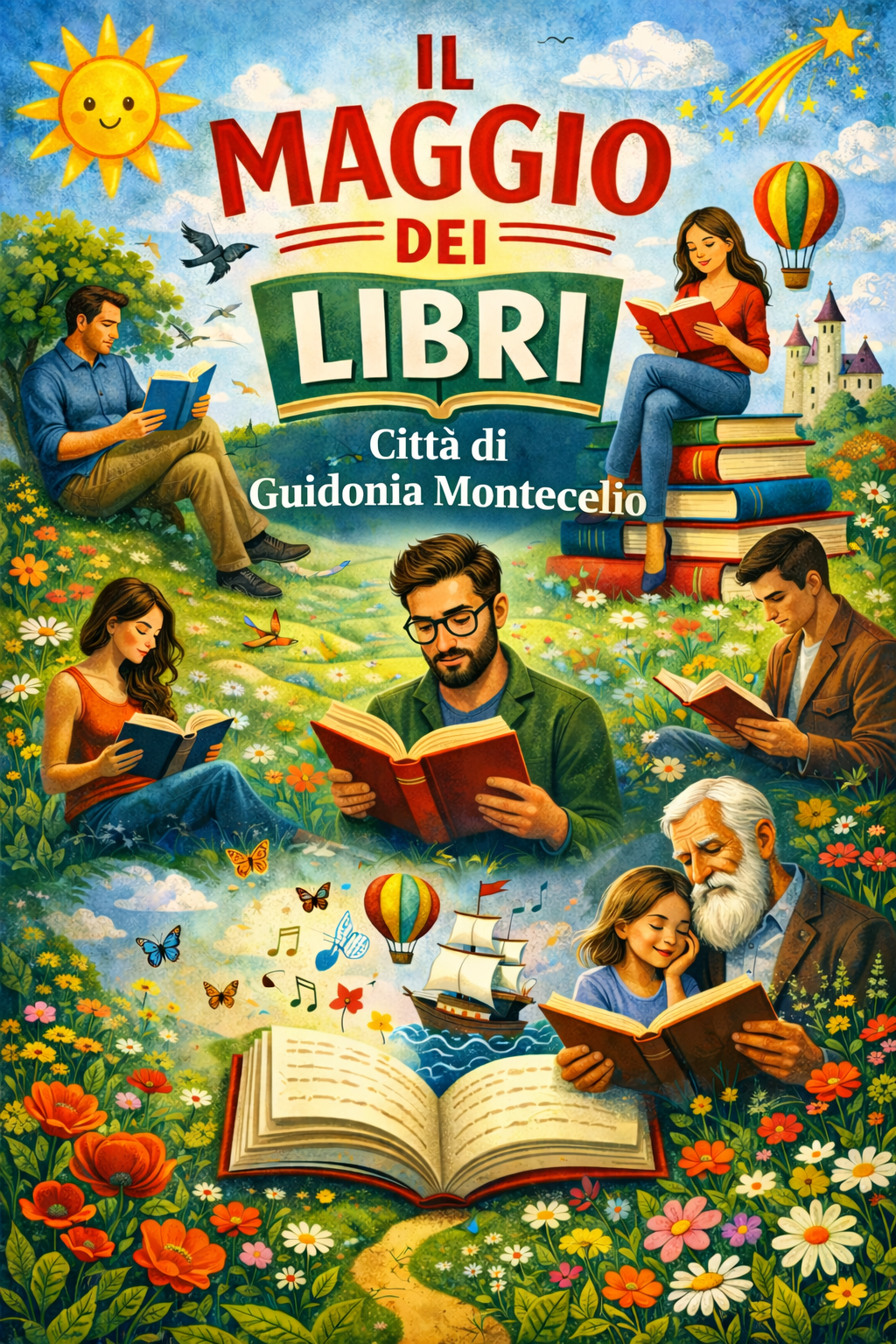 bambini e adulti che leggono insieme su un prato fiorito 