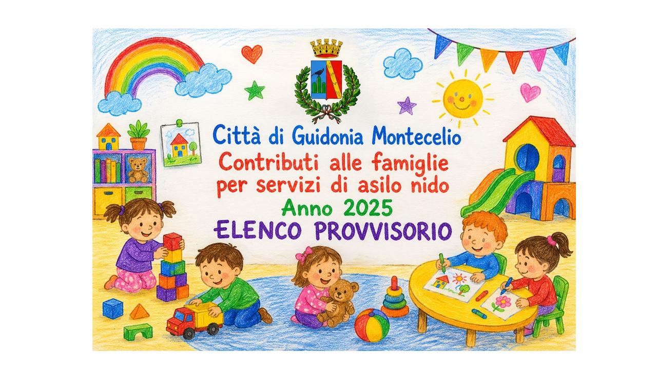 Bambini sorridenti che giocano all’aperto. Testo nell’immagine: “Comune di Guidonia Montecelio – Contributi alle famiglie per servizi di asilo nido anno 2025 – elenco provvisorio”.