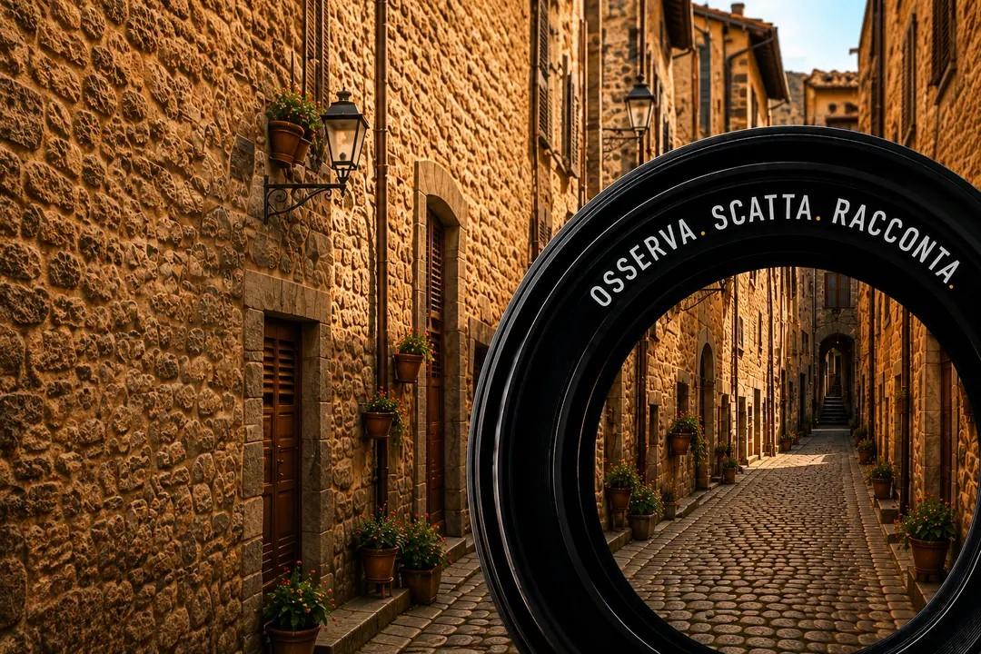 Obiettivo fotografico in primo piano rivolto verso un borgo storico. Sull'immagine compare la scritta "Osserva, scatta, racconta".