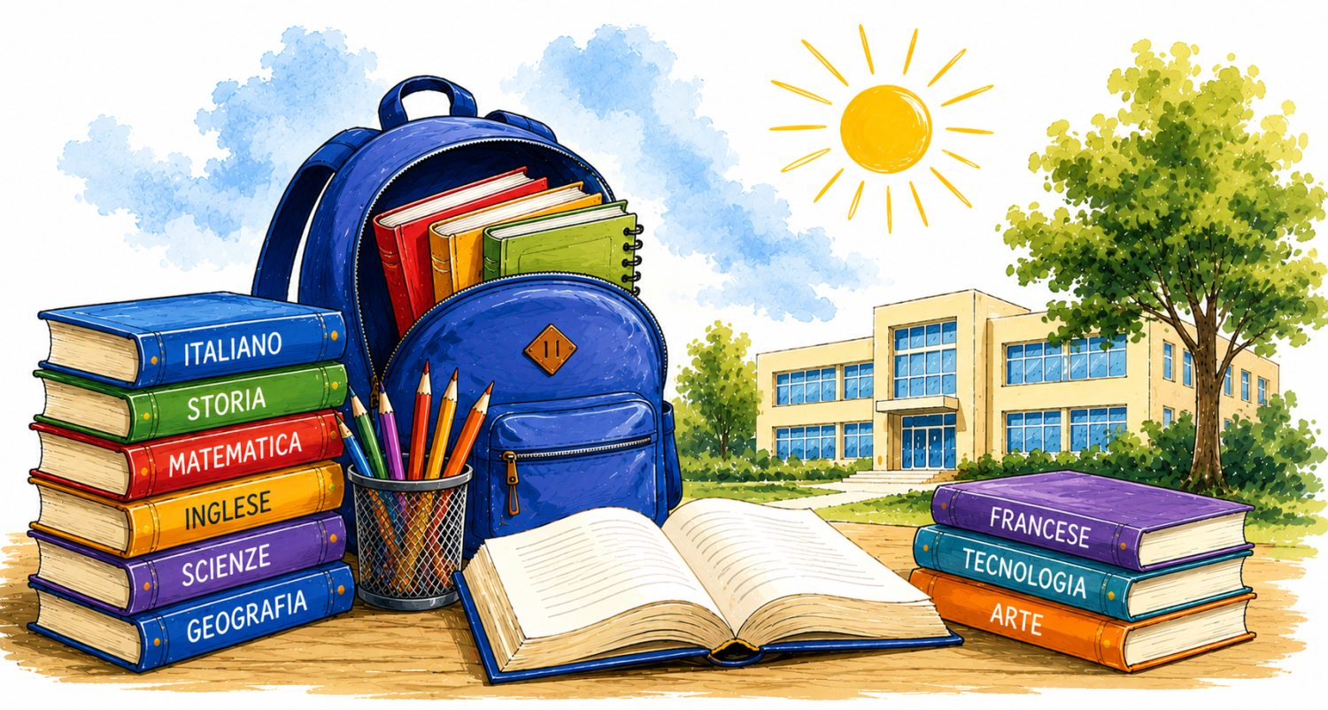 Libri scolastici appoggiati accanto a uno zaino con edificio scolastico sullo sfondo e giornata soleggiata.