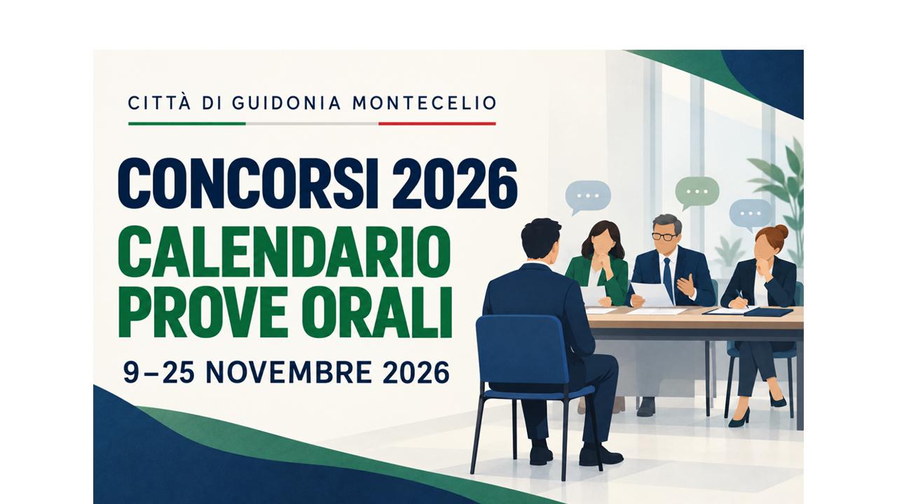 Disegno di una persona che sostiene un esame davanti ad una commissione esaminatrice con la dicitura “Concorsi 2026 Calendario prove orali 9-25 novembre 2026”